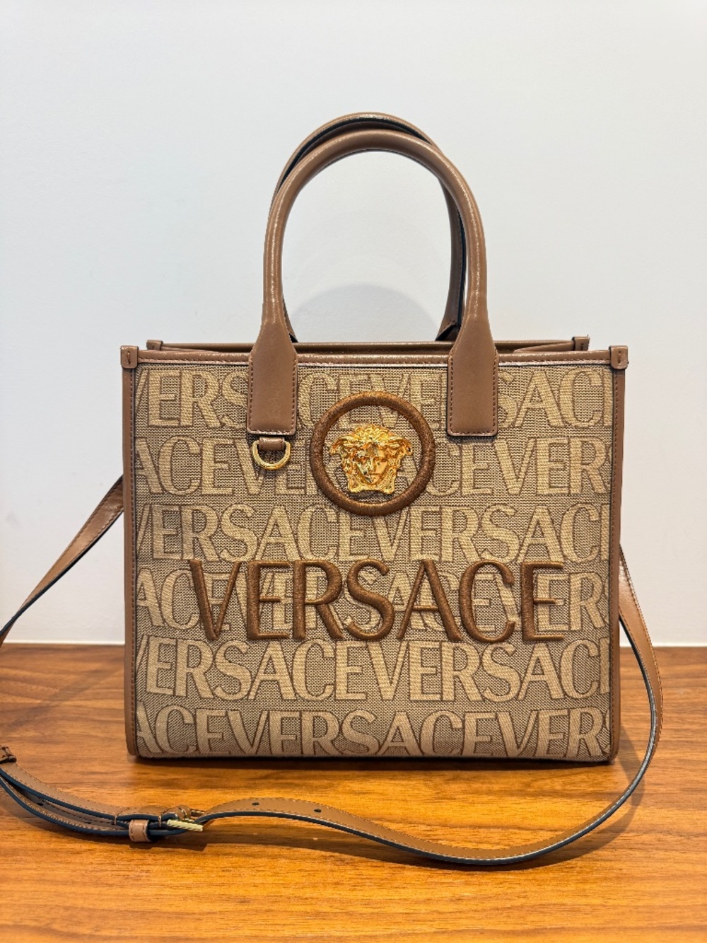 Versace All Over Logo Canvas Tote in Brown Small